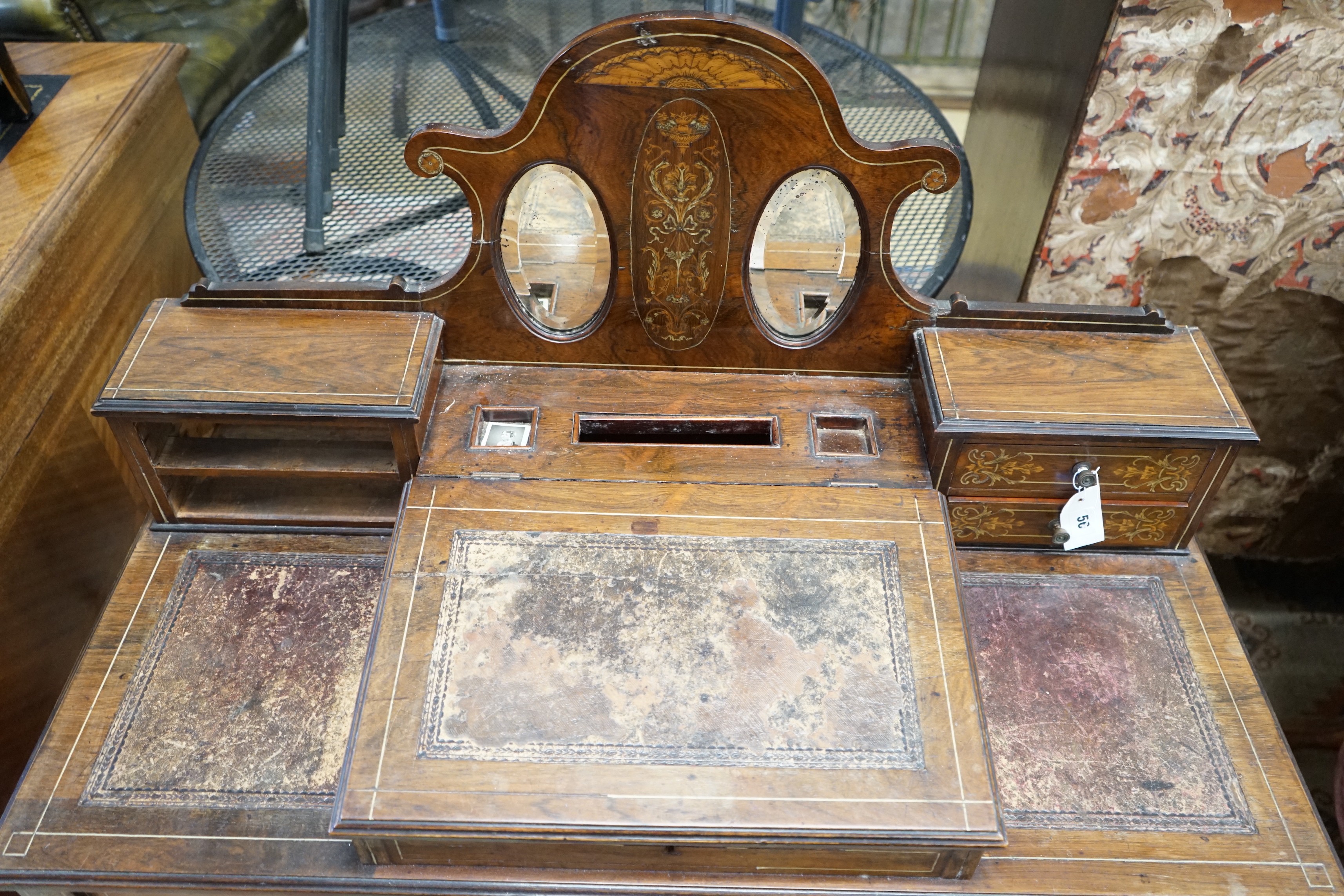 An Edwardian inlaid rosewood writing desk, width 98cm, depth 46cm, height 113cm